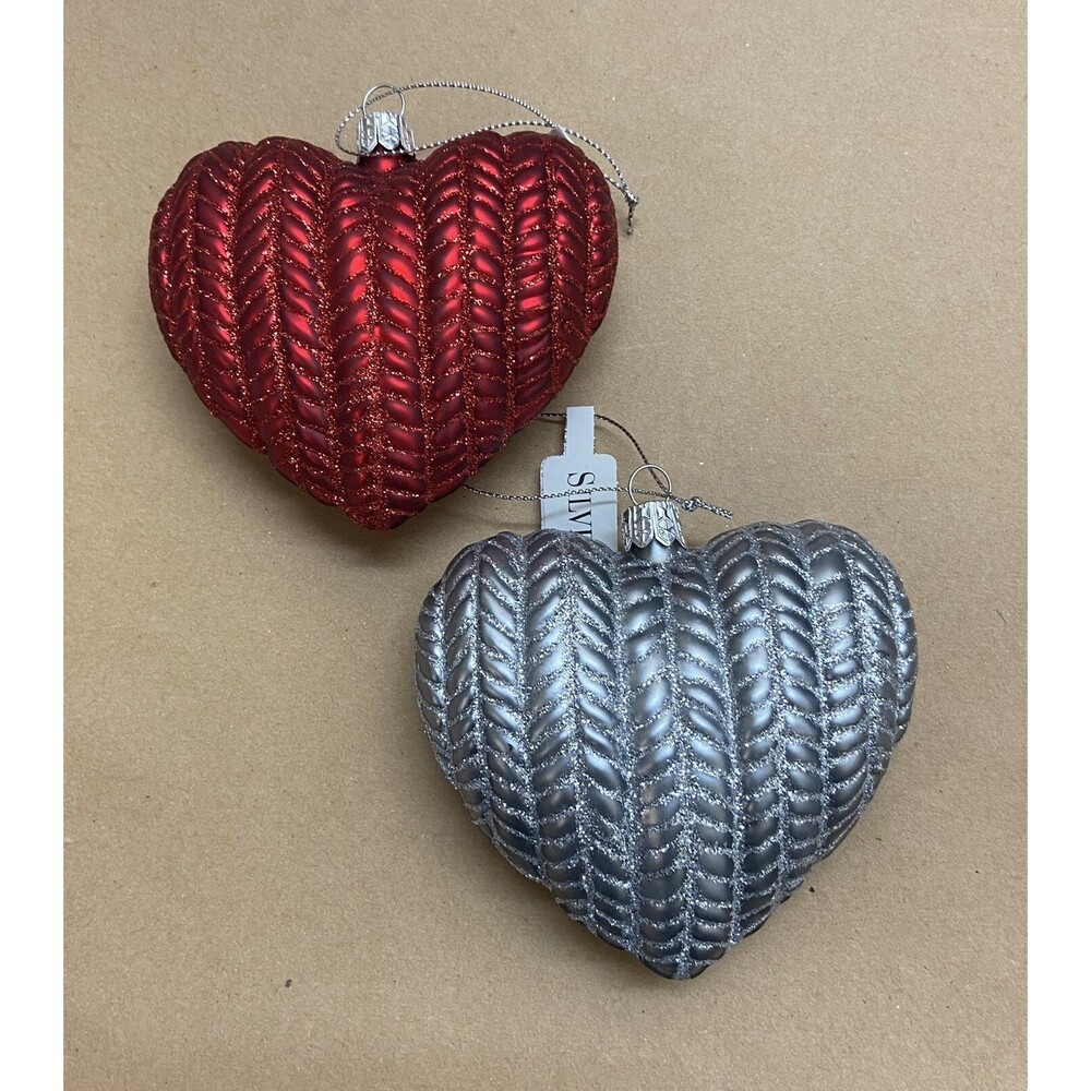 Silver and Red Knit Hand blown Glass Heart Ornaments Set of 2 Silvestri Demdaco